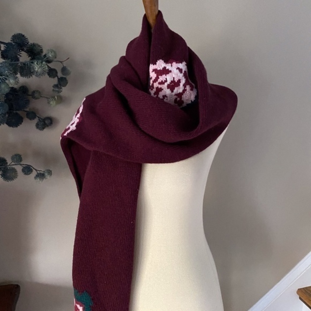 Anthropologie Burgundy Rose Embroidered Pom Scarf